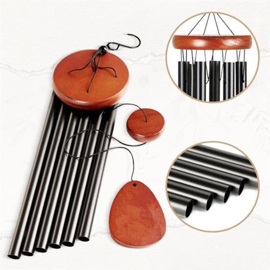 25-Inch Wooden Wind Chime with 6 Aluminum Tubes S-shaped Hook Natural Soothing Melody Garden Patio Outdoor Decoration Hanging Wind Bell Pendant