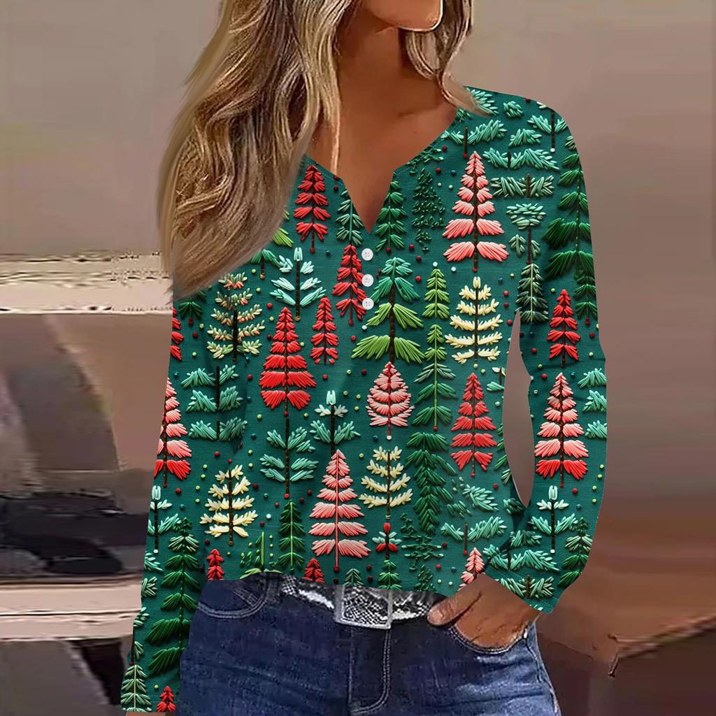 Women's Fashion Casual V-Neck Button-Up Long-Sleeve T-Shirt With Christmas Print Top