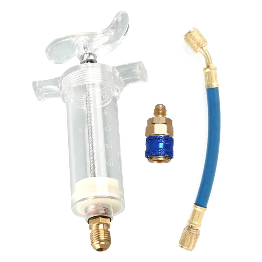Car A/C Oil/Dye Injection 30Ml 1Oz With R-134A Low Side Quick Coupler Adapter 1/4 Air Conditioning Auto Manual Oiler Syringe