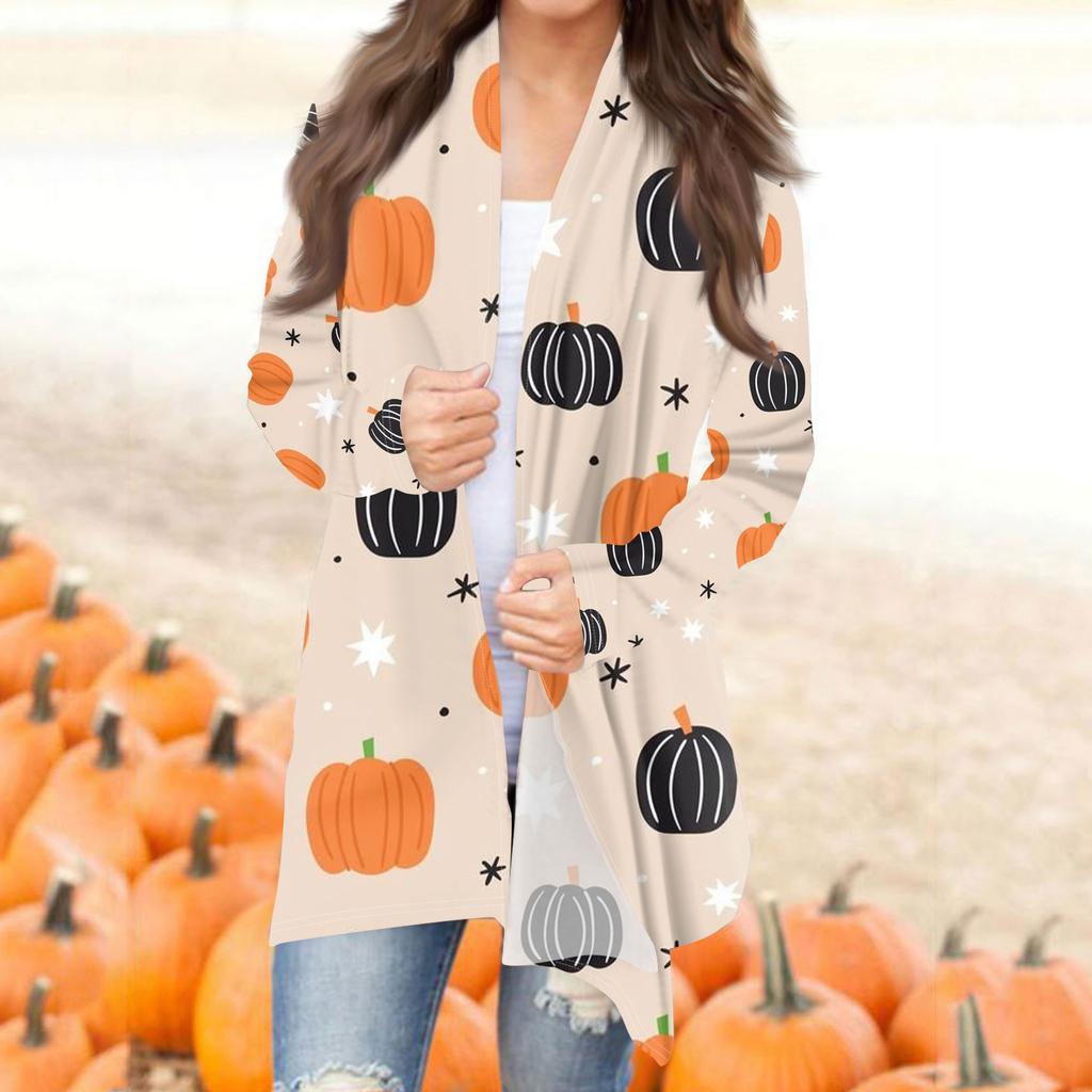 Женская модная повседневная куртка-кардиган средней длины с длинным рукавом и принтом на Хэллоуин