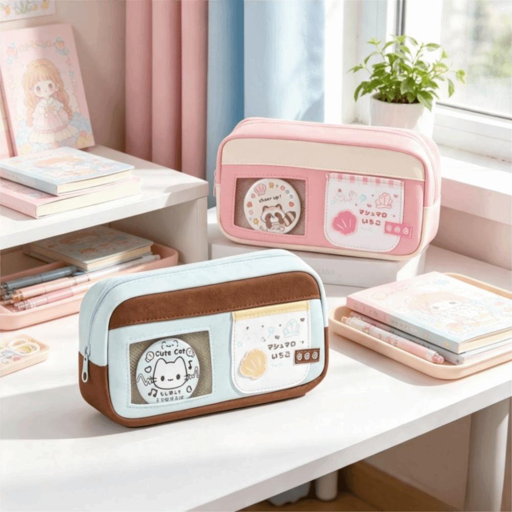 Transparent Window Pencil Case Large Capacity Stationery Bag Sweet Stationery Case DIY Badge