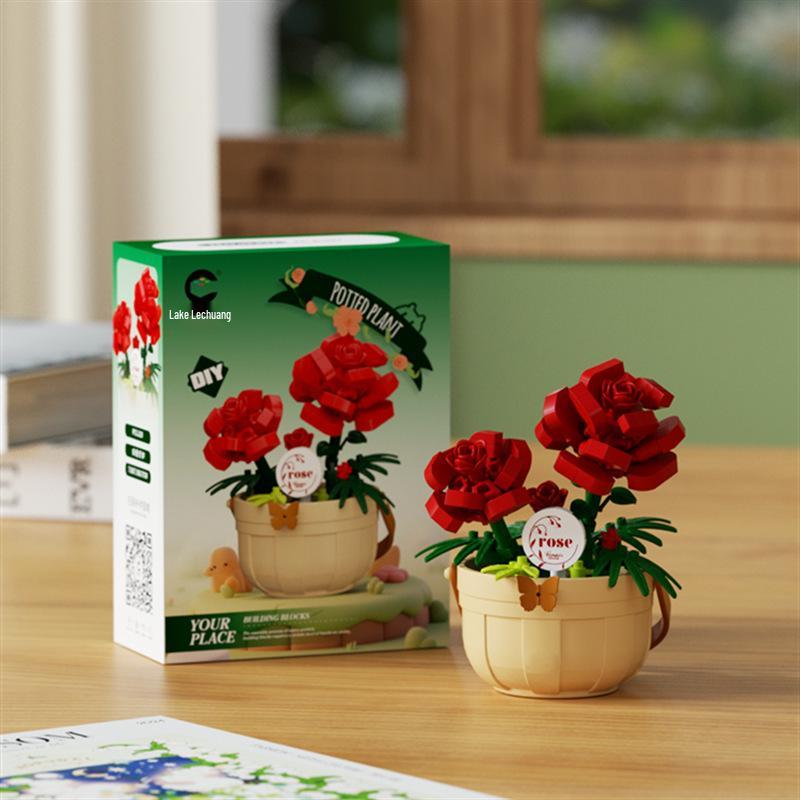 Cross-Border Lego Immortal Flower Basket Building Block Set - Rose Bonsai & Children's Assembly Toy for Teacher's Day Gift