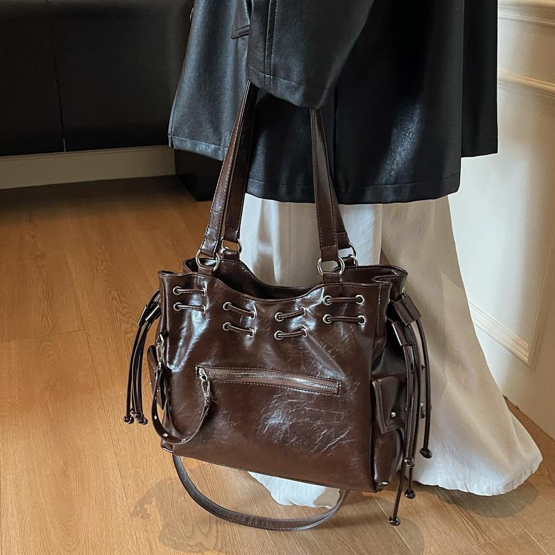 Трендовый рюкзак на шнурке, многокарманная кожаная сумка, стильная женская сумка через плечо