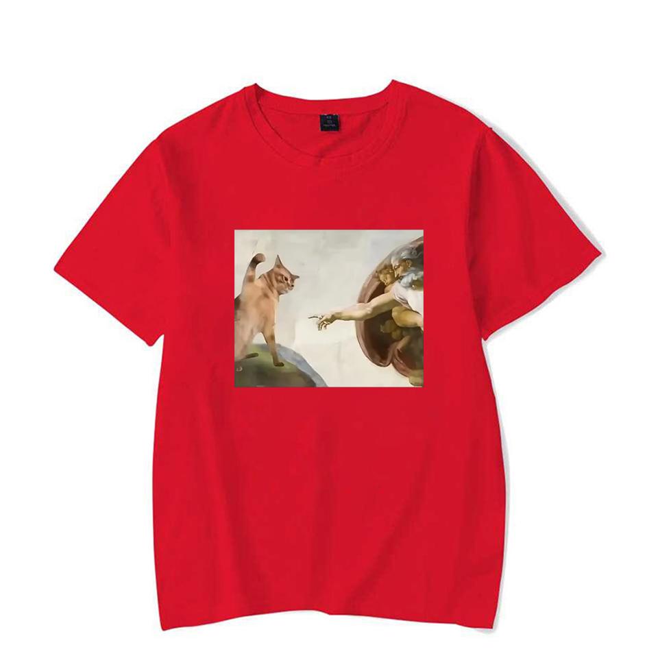 Funny Cat God Adam Creation Meme Pattern Unisex Women TShirt Casual Short Sleeve Jesus Picture Unisex TShirt Round Neck Tee Tops