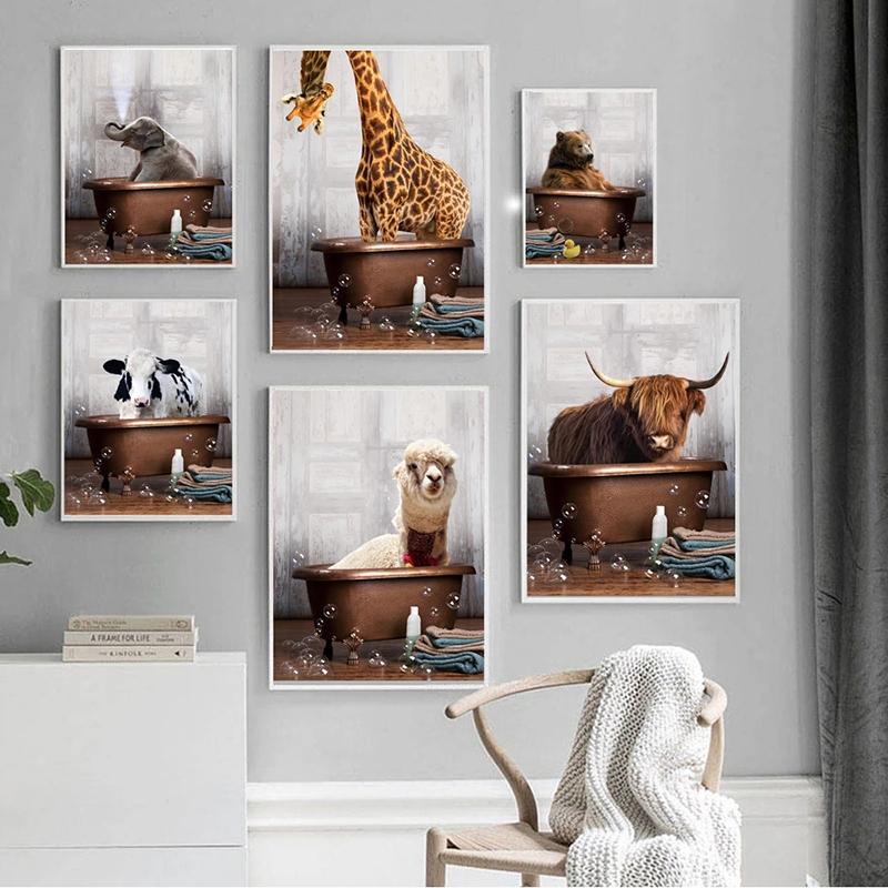 Lovely Alpaca Elephant Cow Giraffe Toilet Canvas Paintings Animal Posters Prints Wall Art Pictures for Living Room Decor Cuadros