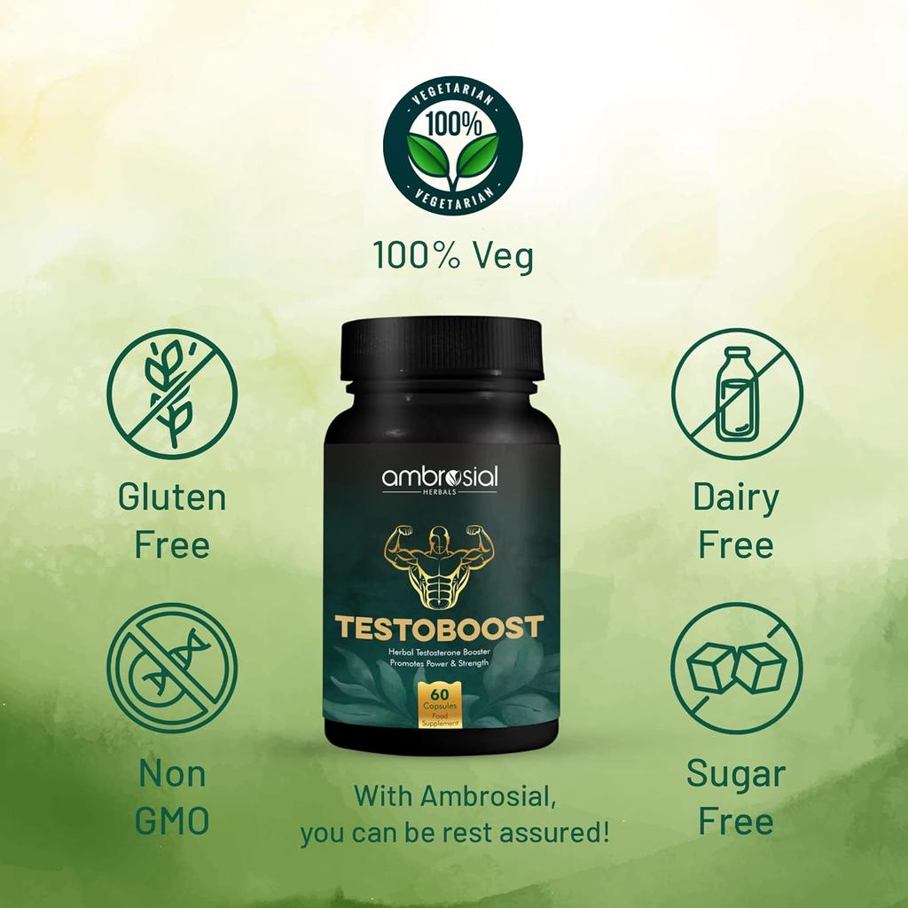 AMBROSIAL Testoboost Ultra Premium травяной усилитель тестостерона для мужчин смесь из 3 натуральных трав для повышения энергии 60 веганских капсул