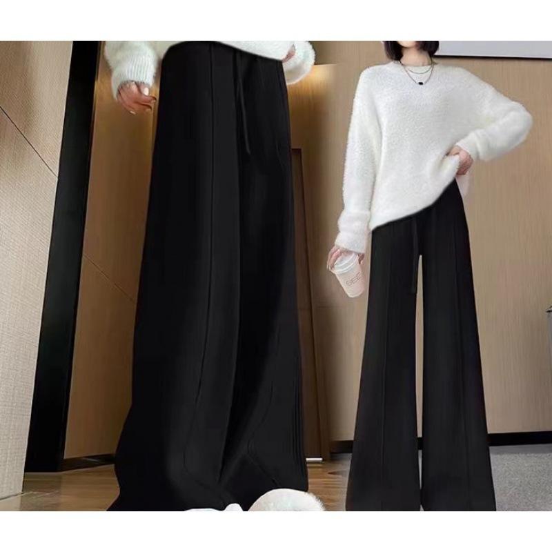 Women's Autumn and Winter Knitted Wide Leg High Waisted Pure Colour Pants