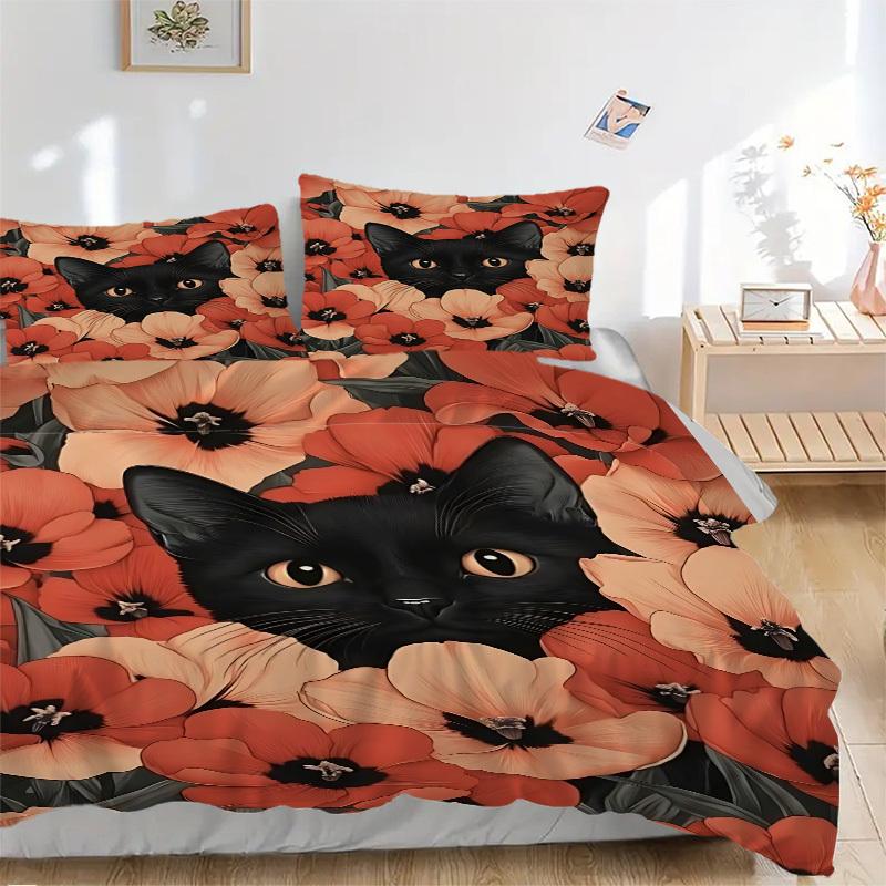 3pcs Black Cat Print Duvet Cover Set - Machine Washable, Includes 1 Cover and 2 Pillowcases, No Core Included yy251013081
