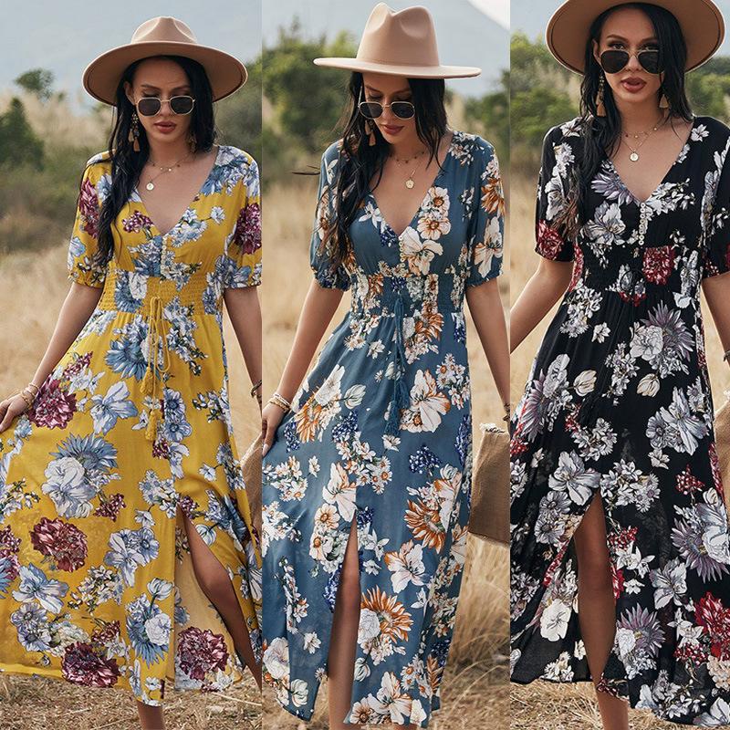 2023 Лето Новое Сексуальное Платье в Богемном Стиле с Принтом, Подчеркивающее Талию, Женская Одежда