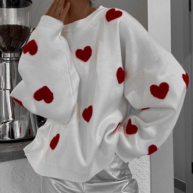 and Winter New Embroidered Heart Sweater for Women, Popular on Social Media, European and American Style Knitted Pullover, Cross-Border Amazon Ins