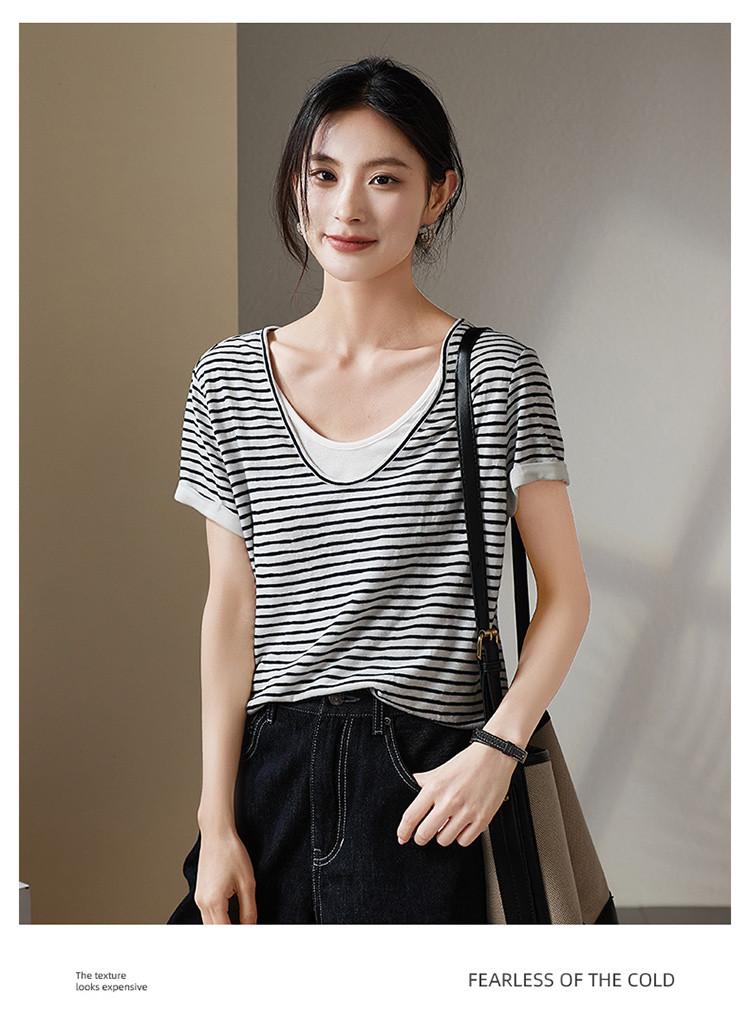 Fake Two Striped Short-Sleeved T-Shirts for Women