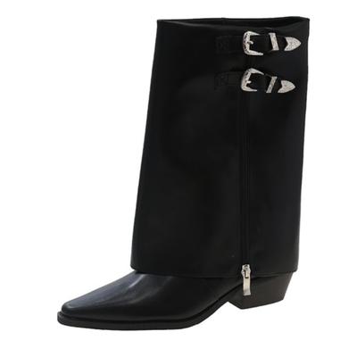 Женские сапоги до середины голени с круглым носком, новинка 2024 года, модные черные классные туфли на плоской подошве со средним каблуком и пряжкой на ремне, зимние сапоги для женщин, размер 40