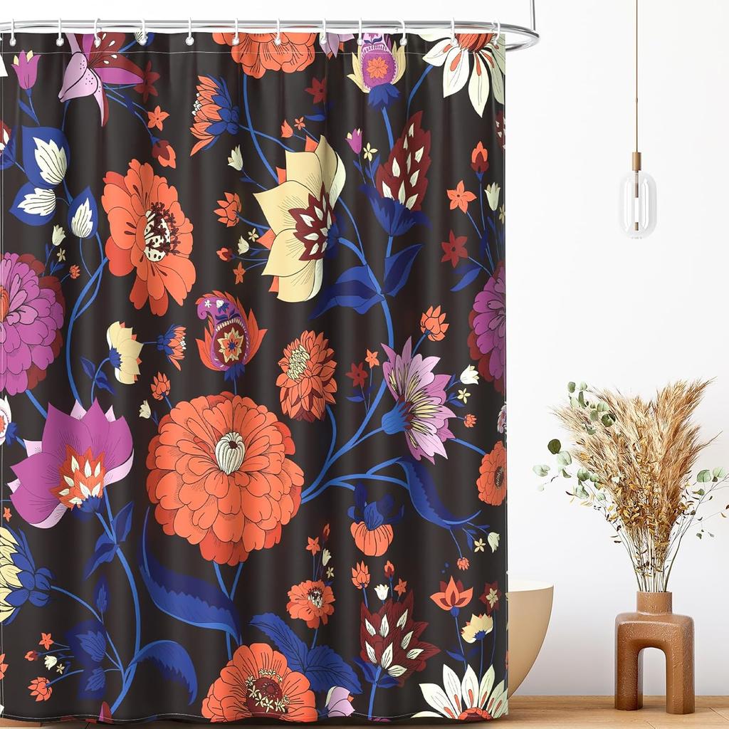 Watercolor Floral Shower Curtain, Flowers Print Spring Bathroom Curtain, Wildflowers Home Décor Machine Washable Bath Curtain