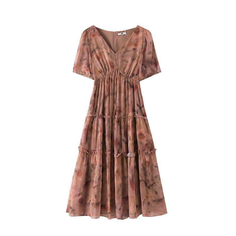 Plus Size Women's Summer New Vintage Style Floral Short Sleeved High Waisted Slimming Dress