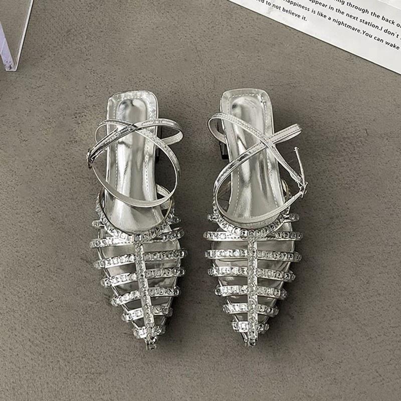 Французские серебряные босоножки со стразами, женские, лето 2024, однотонные, с острым носком, римские туфли