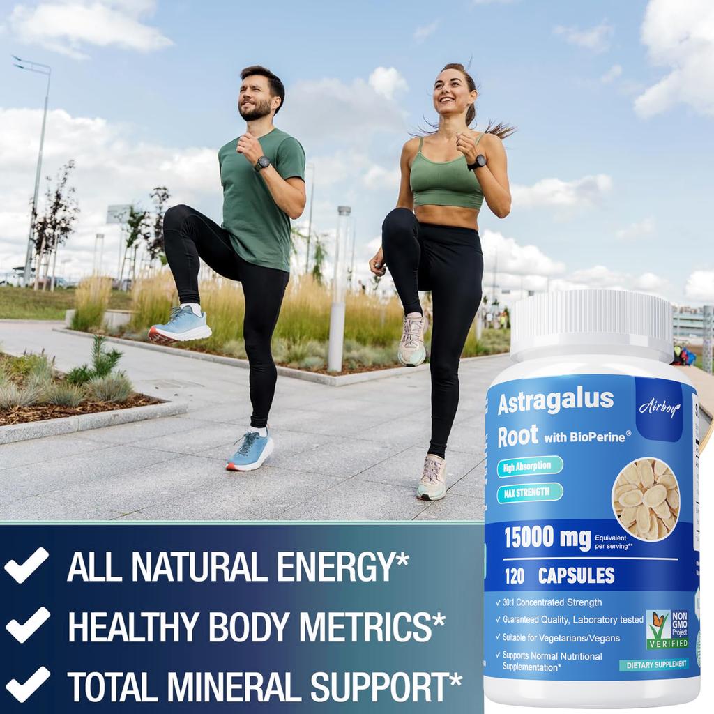 Astragalus capsules, 15,000 mg per serving, contain black pepper extract, suitable for both men and women.