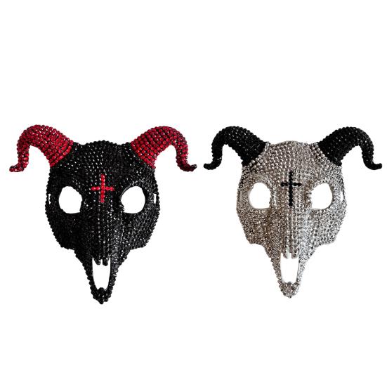 Black And White Mask Halloween Rhinestone Full Face Mask, Skull Ram Horn Comfortable Headgear Masquerade Sparkly Crystal Glitter Party for Adults