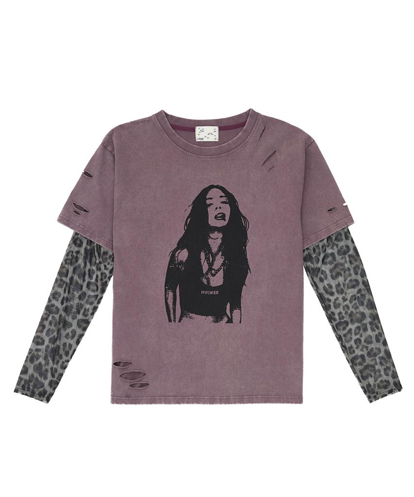 NO EXTRA TOUCH Distressed Leopard Mesh Long Sleeve Layered T-Shirt (Purple) / 26Spts001Pu