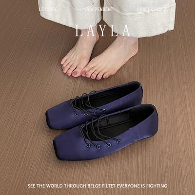 Мода 2025 Новые атласные балетки на мягкой подошве, нескользящие, женские модные туфли с квадратным носком и неглубоким вырезом, на шнуровке, нескользящие, повседневные и удобные