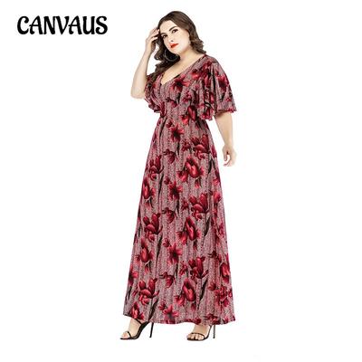 Плюс Размер Женский Трикотаж Новое Макси Платье С Принтом V-образным Вырезом