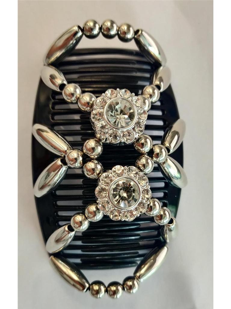 Большой ручной эластичный гребень для волос с бусинами и цветочным украшением - Универсальный двухрядный вкладыш для укладки и создания пучков