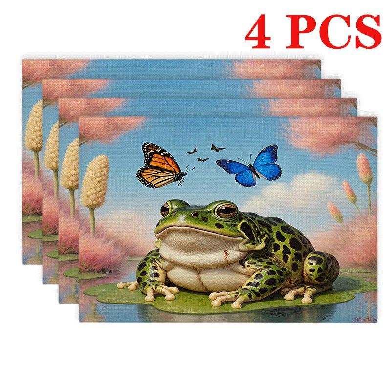 4/6pcs Rectangular Placemats - 12X18 Inch Frog Lily Pad Printed Table Mats with 2D Element Pattern Design, Durable Washable Polyester Table Runners