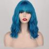 Synthetic Fiber Short Wavy Ombre Blue Wig with Bangs Shoulder Length Blue Wavy Bob Wig for Party Daily Wear