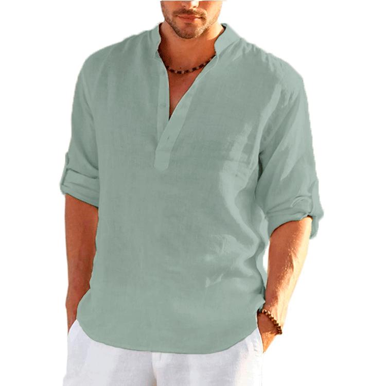 Large Size Men's Spring and Summer Buttoned Top Long Sleeve T-Shirt Solid Loose Fit Linen Shirt