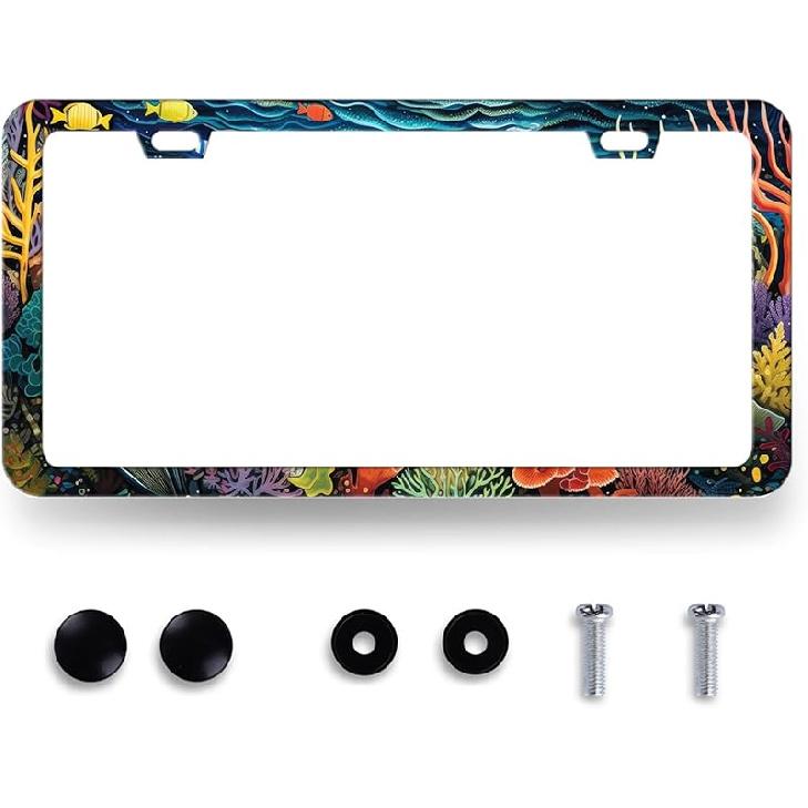 Blue Boho Flowers License Plate Frame Cute Floral License Plate Personalise Auto Parts For Men Women Car Decoration Stainless Steel Funny License