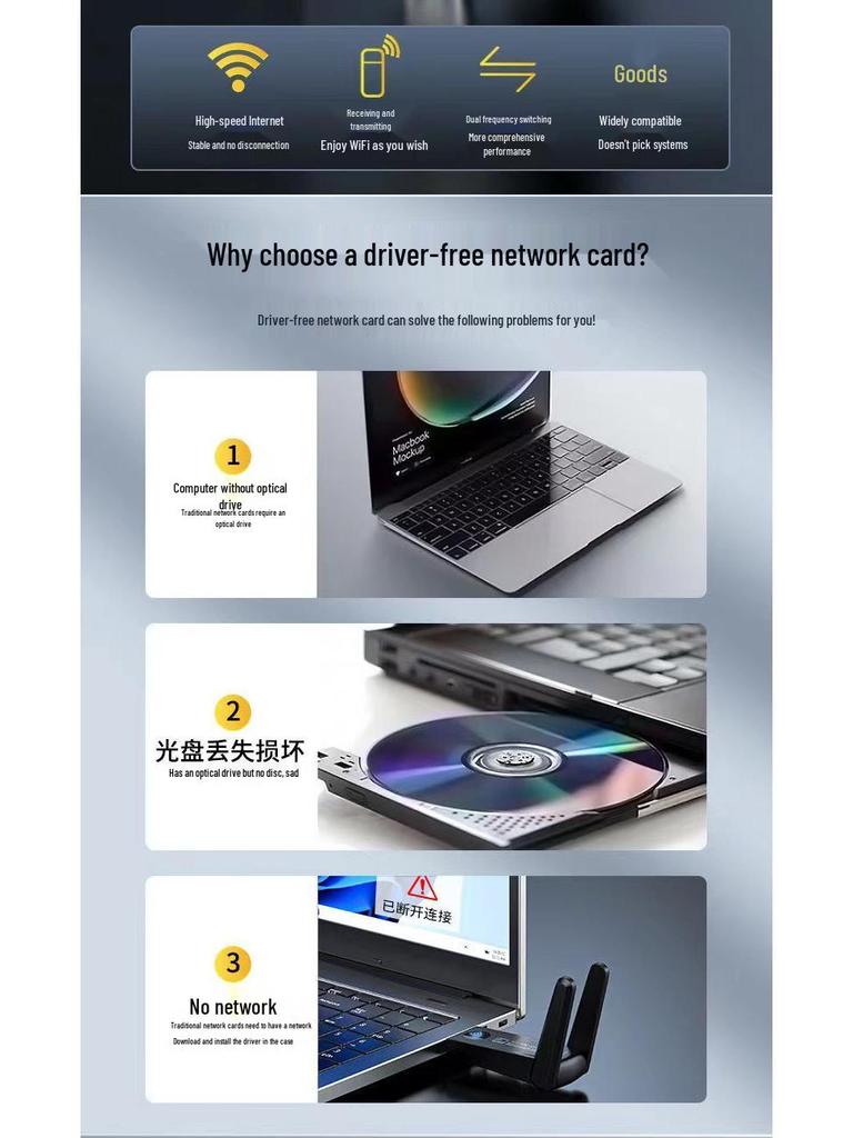 Двухдиапазонный беспроводной сетевой адаптер 1300M 5G - Plug & Play для ноутбука/настольного компьютера