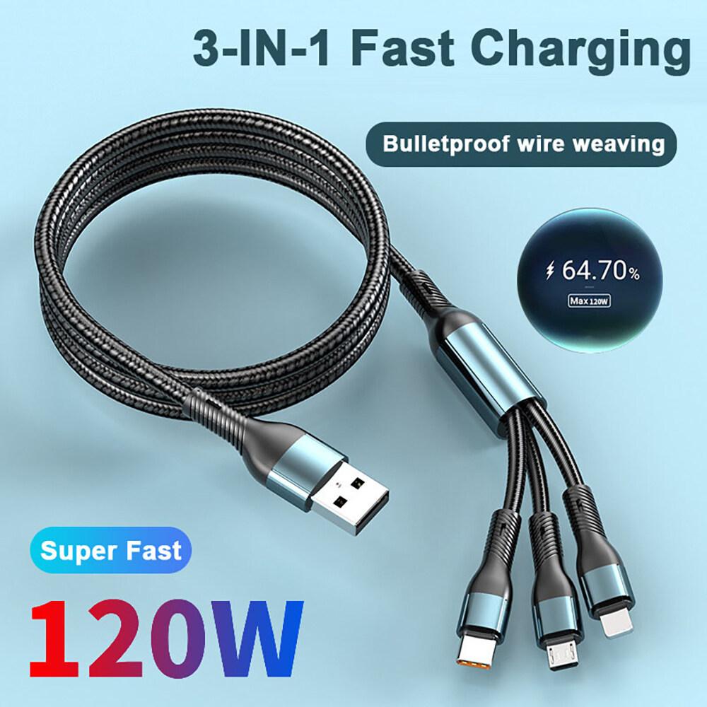 120W 3 In 1 Super Fast Charging Micro USB Type C Lightning Charger Data Cable Cord Cord