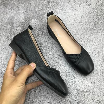 Туфли для женщин Слипоны Квадратный носок Черные Женские Балетки Кожаные Повседневные Стильные Дешевые Ликвидация Удобные и Элегантные Низкая цена