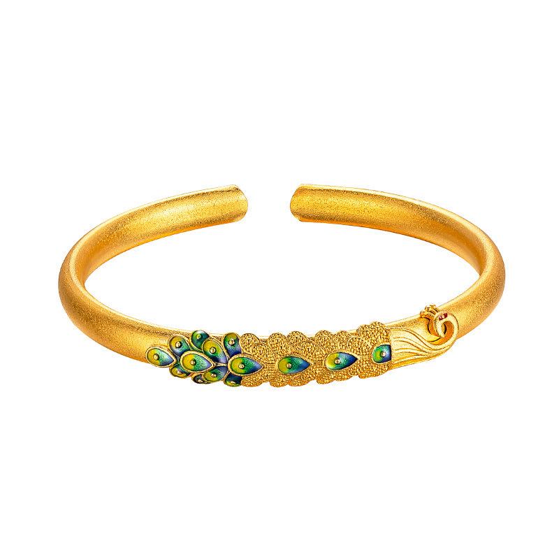 Vietnamese Sand Gold Peacock & Dragon Bracelet: Retro Silk Peony Design, Copper-Plated, Brings Auspiciousness, Noblewoman Jewelry.