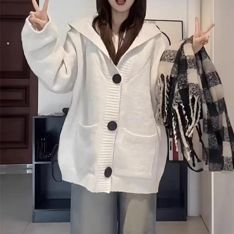Vintage Fashion Hooded Knitted Cardigan Top Women's Autumn and Winter New Soft Waxy Loose Lazy Wind Sweater Jacket