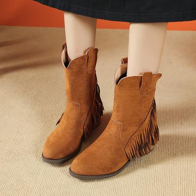 2024 осень-зима ретро женская обувь матовые бархатные сапоги вестерн сапоги Мартин с бахромой женские трендовые зарубежные торговые женские сапоги