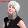 JERYAFUR Ladies Winter Knitted Leather Straw Hat Real Mink Scarf Hat Stretch Luxury Mink Empty Top Hat