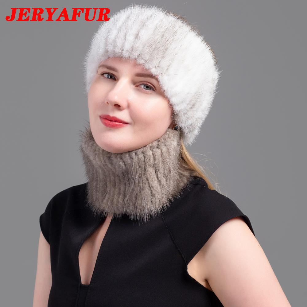 JERYAFUR Ladies Winter Knitted Leather Straw Hat Real Mink Scarf Hat Stretch Luxury Mink Empty Top Hat