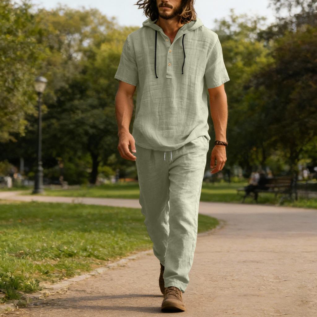 Мужской повседневный льняной комплект, Рубашка на пуговицах, Брюки с эластичным поясом и кулиской, Свободные, Удобный комплект из двух предметов