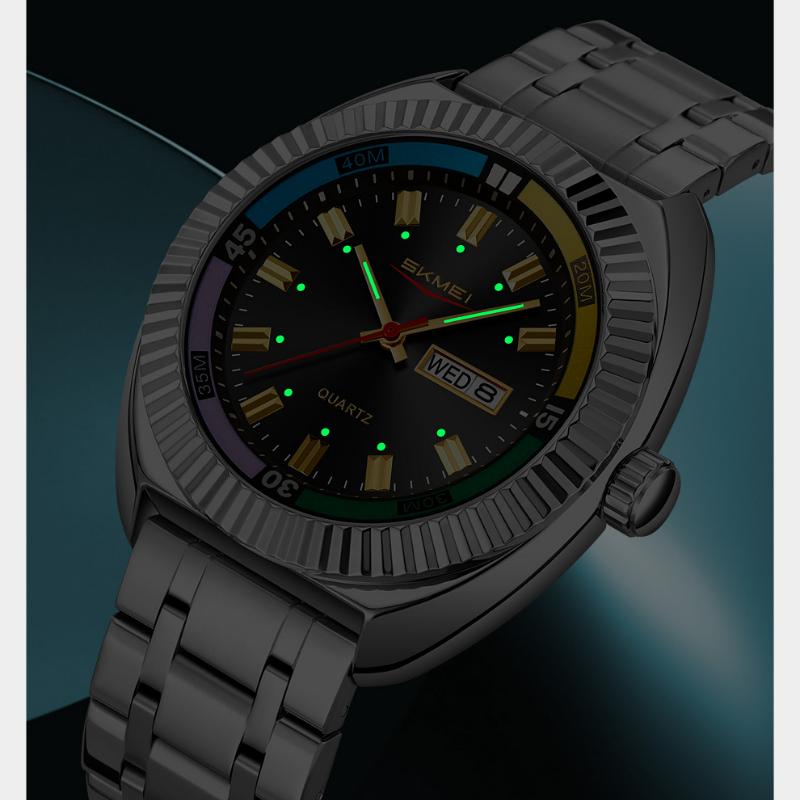 Skmei Ретро Мужские Кварцевые Часы Мода Спорт Застежка-бабочка Стальной Ремешок Календарь Недели Большой Циферблат Часы Для Мужчин