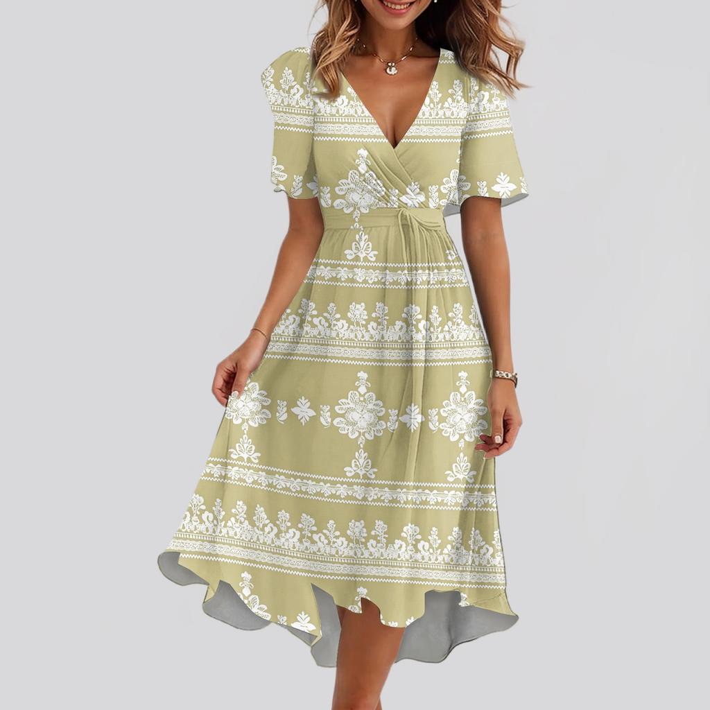 Women's Loose Casual V-Neck Flared Skirt Short Sleeved Printed Dress Printed Dress