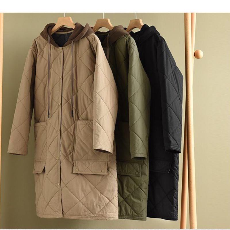 Vintage Thick Hooded Padded Jacket Women New Spring Autumn Parkas Casual Mid-Length Warm Cotton Coat Female Loose Overcoat
