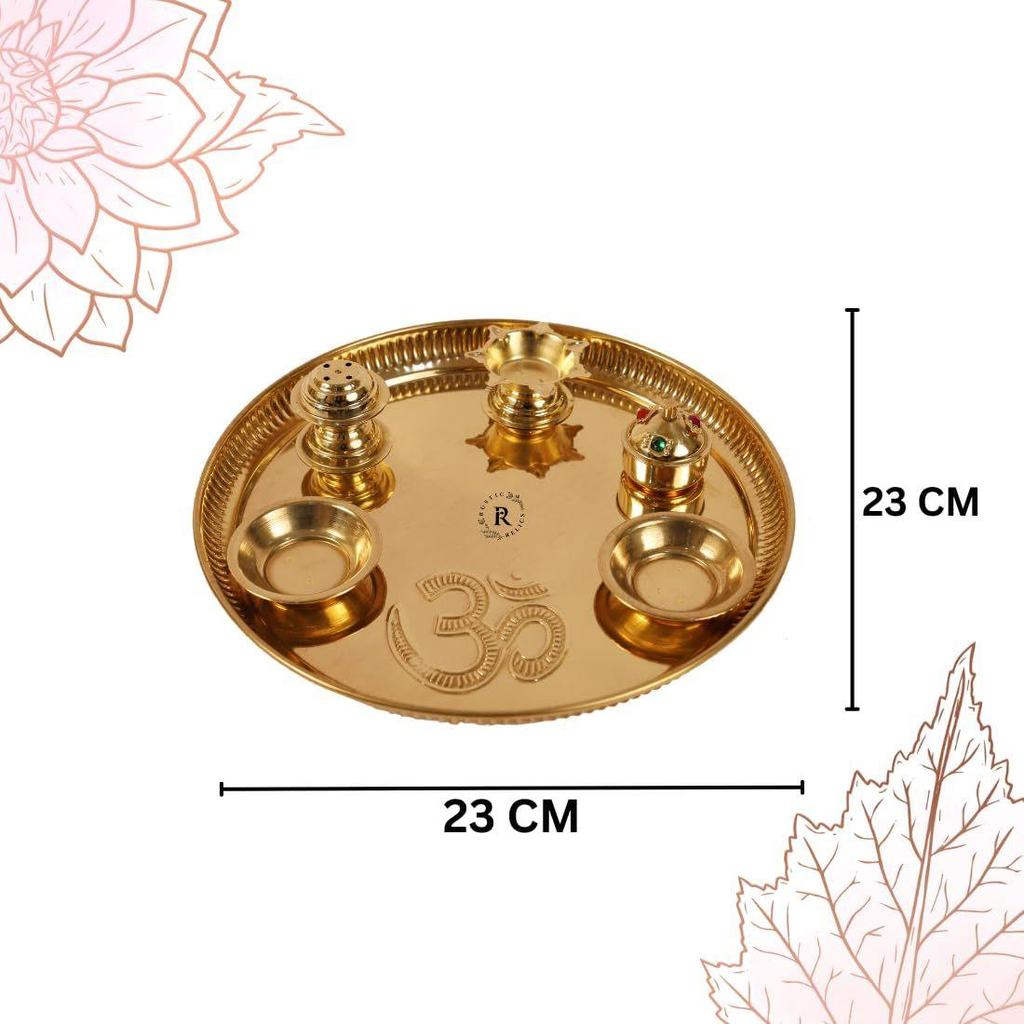 9-дюймовая латунная пуджа-тали для Навратри с прикрепленной дийей, 2 чашами, подставкой для агарбатти и позолоченной чашей для кумкума