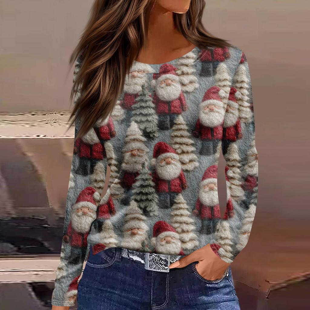 Women's Fashion Hem Slit Casual Christmas Printed Round Neck Long Sleeve Top