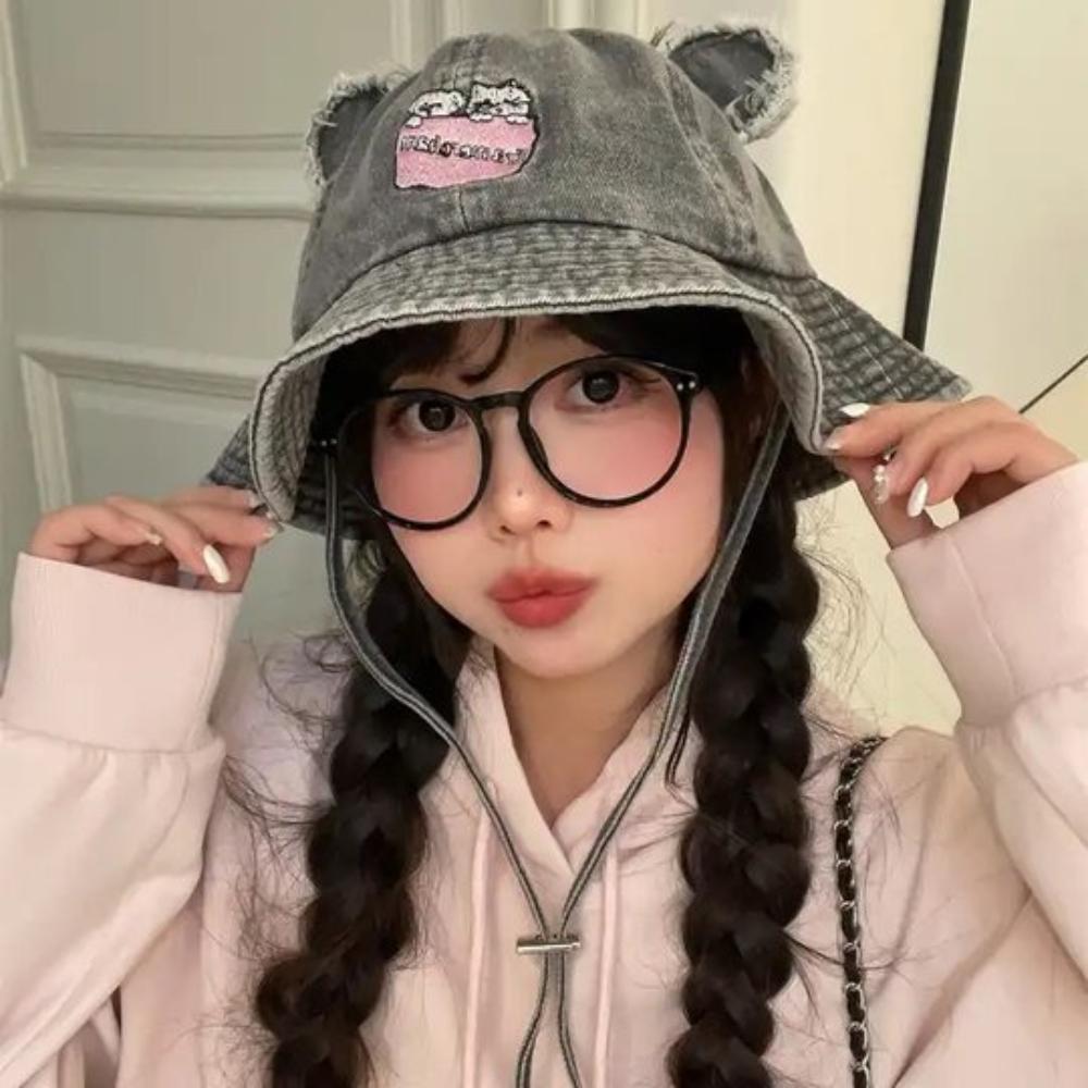 Шляпа-панама с широкими полями и медвежьими ушками, для походов и рыбалки, солнцезащитная, на шнуровке, джинсовая, кошачья, от солнца, для кемпинга