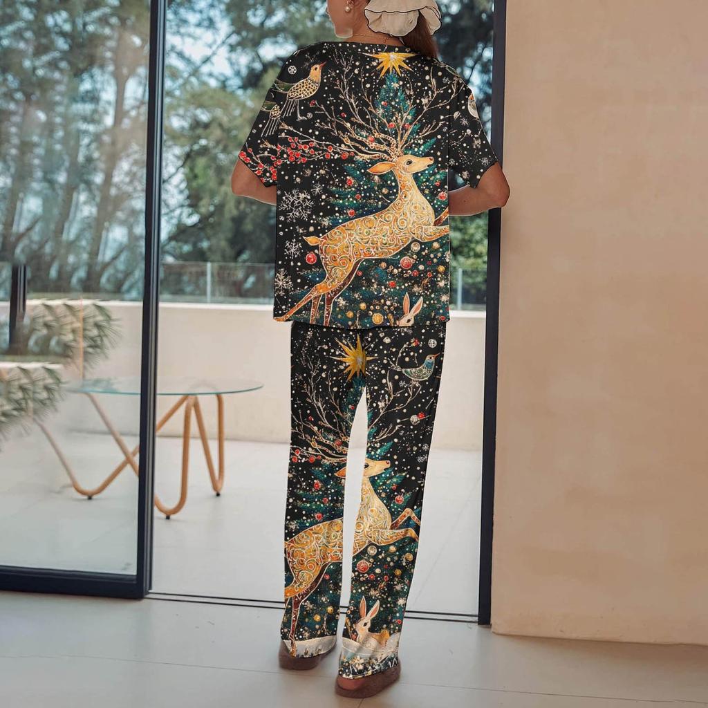 Женский шелковый атласный пижамный комплект с рождественским принтом, рубашка с коротким рукавом и длинные пижамные штаны, мягкая домашняя одежда