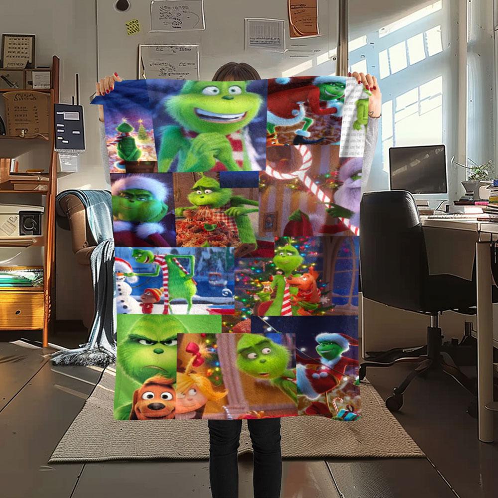 Christmas Grinch Cartoon printing Flannel Blanket Bedroom Sofa Camping Warm blanket Gifts for family and friends-MJ013