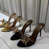 Модные Женские Сандалии Шлепанцы Лето 2025 Металлические Цветы Красивые Модные Сандалии Женские Шпильки Высокие Каблуки Черные Сандалии