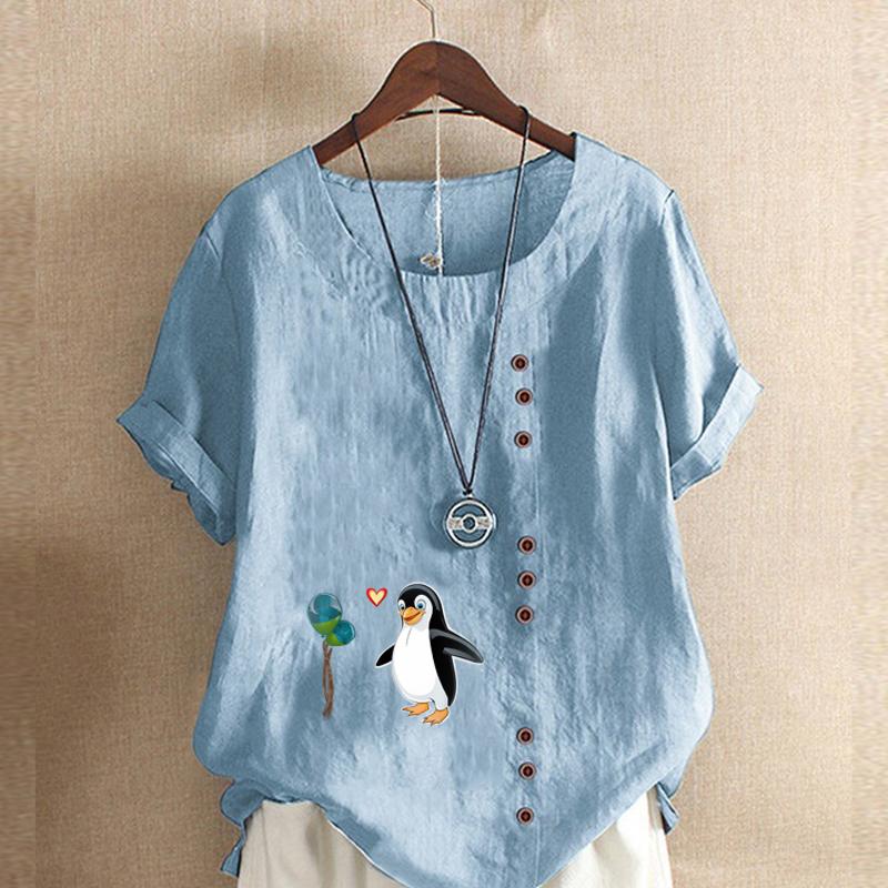 Women's Fashion Round Neck Short Sleeve T-shirt Casual Cotton Linen Graphic Shirt Leisure Loose Penguin Prined Summer Blouse Tops