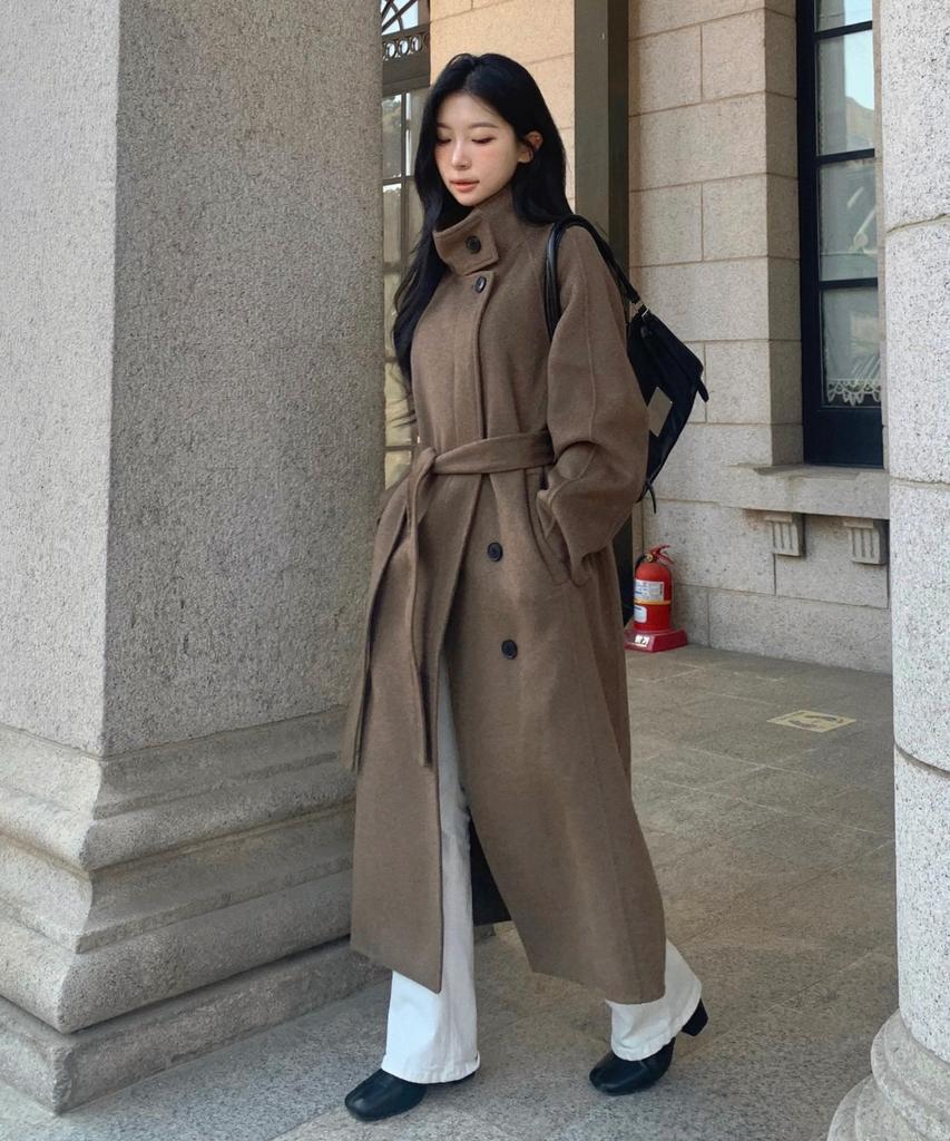 MIND BRIDGE WOMEN [W] Handmade Cashmere High-Neck Belted Long Coat - 2 Colors