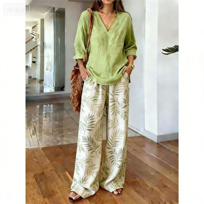Spot Y1 bohemian V-neck top wide-leg pants two-piece women's clothing European and American fashion suit